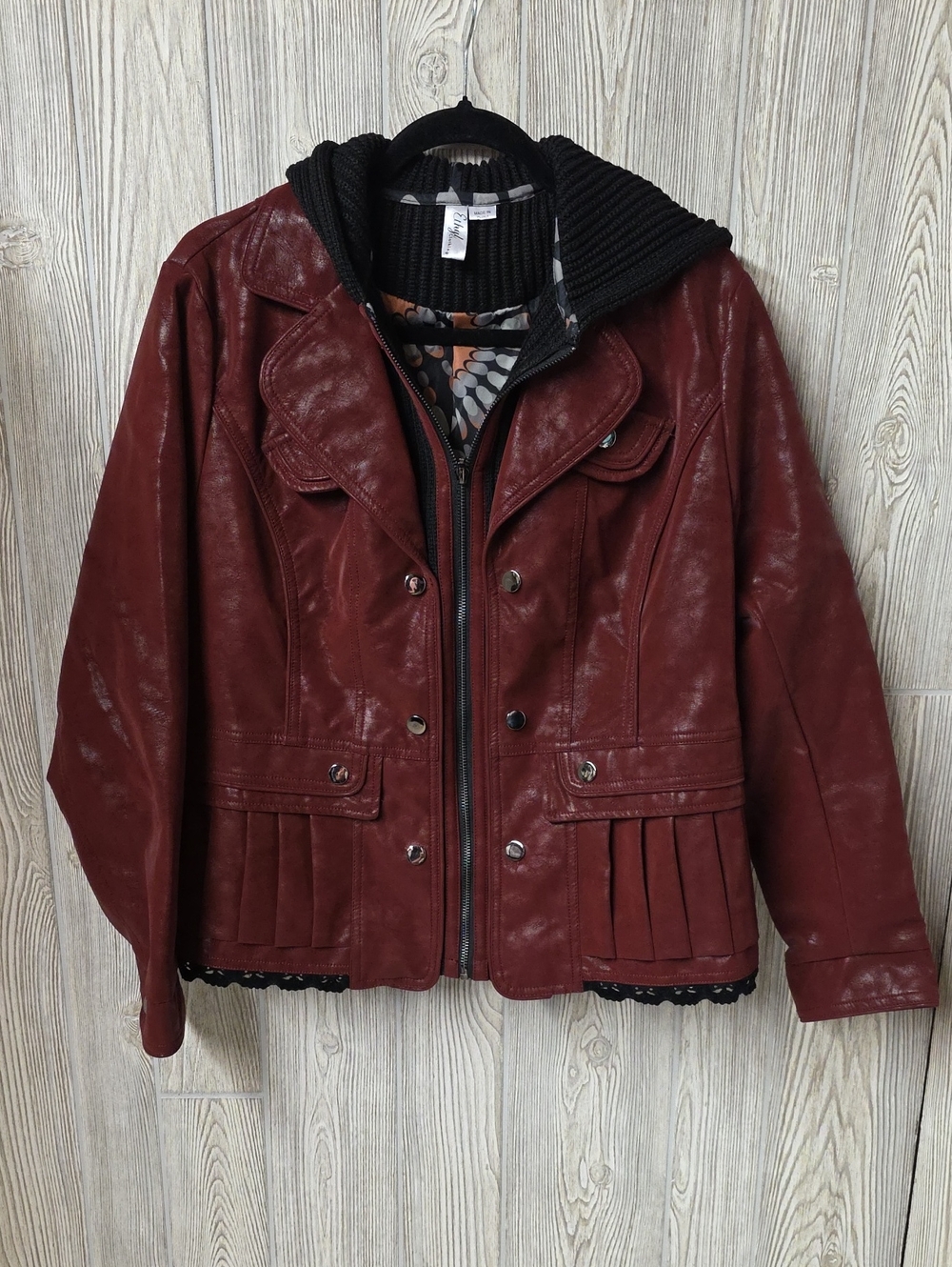 Ethyl Clothing Oxblood Faux Leather Whimsigoth Vibe Jacket Knit Hood Womens L